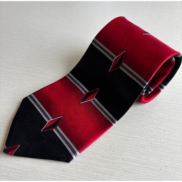 Vintage Luxury Pierre Balmain Paris Silk Tie Red Black Geometric Diamond Pattern - Picture 1 of 6